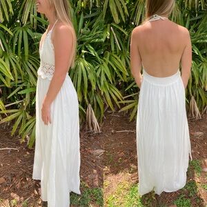 LABOR DAY SALE❤️ Open Back White Halter Maxi Dress Boho Wedding Dress Crochet